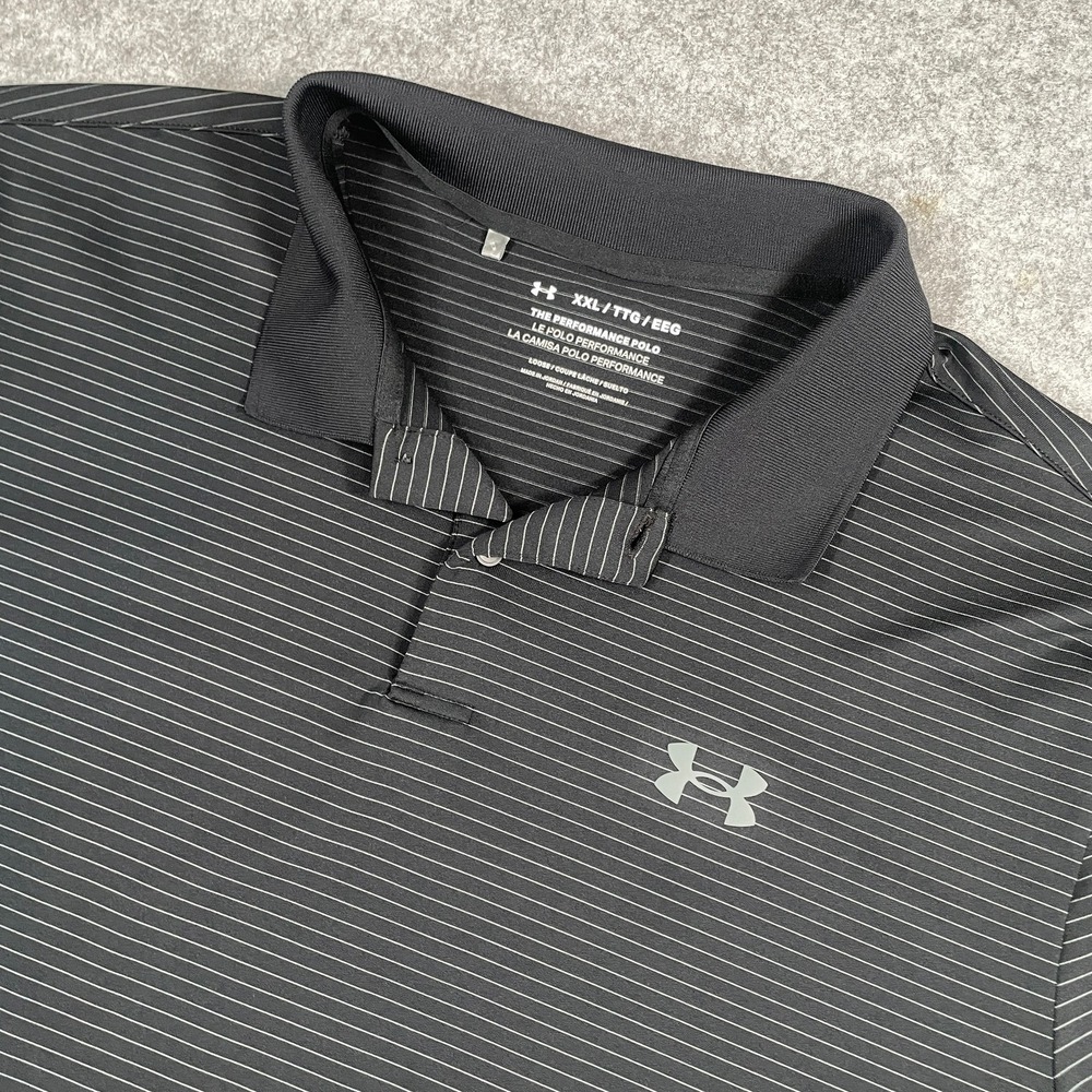 Under Armour Mens Polo XXL Black Pinstripe Performance Loose Fit Short Sleeve
